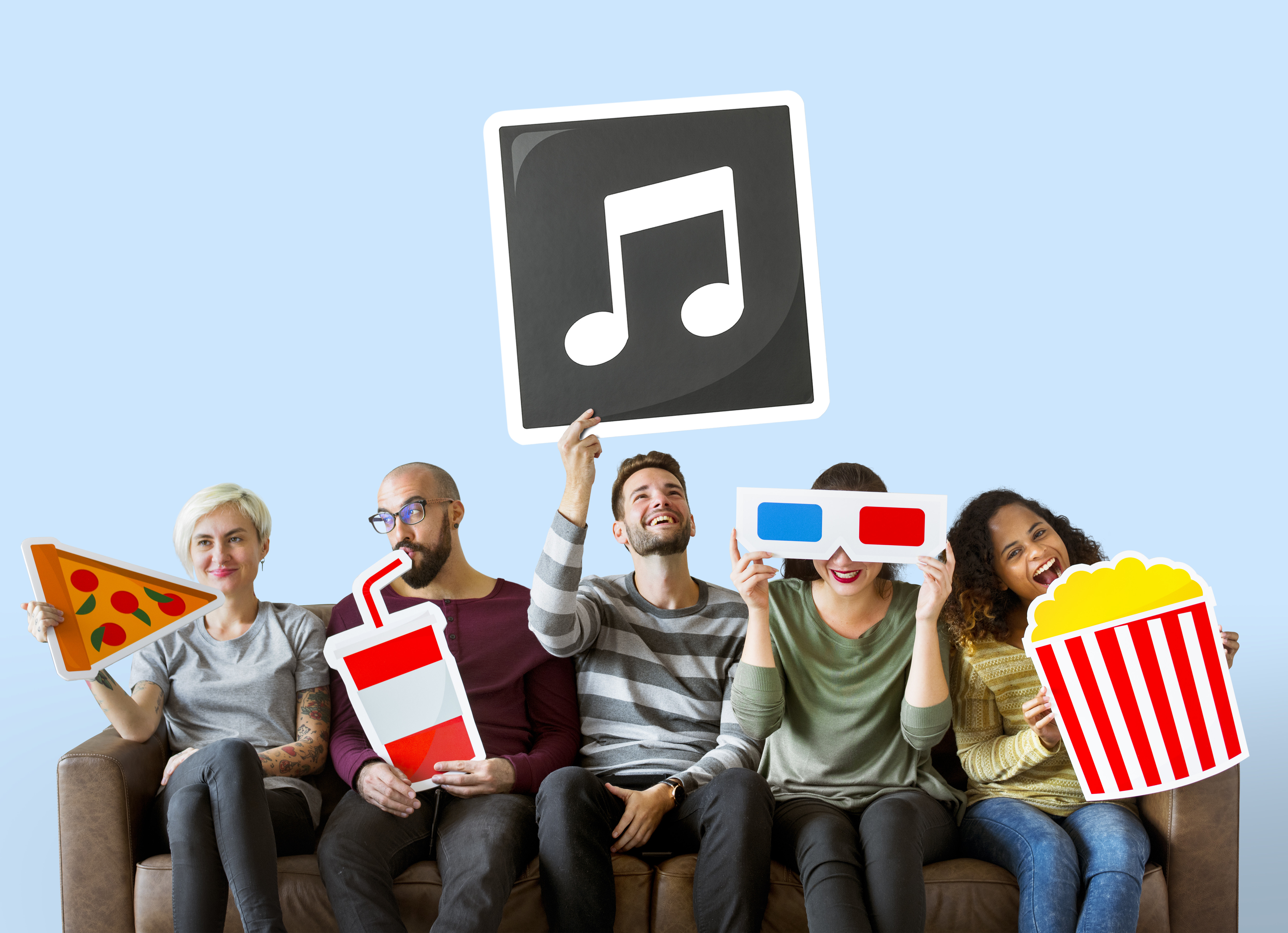 group diverse friends holding movie emoticons
